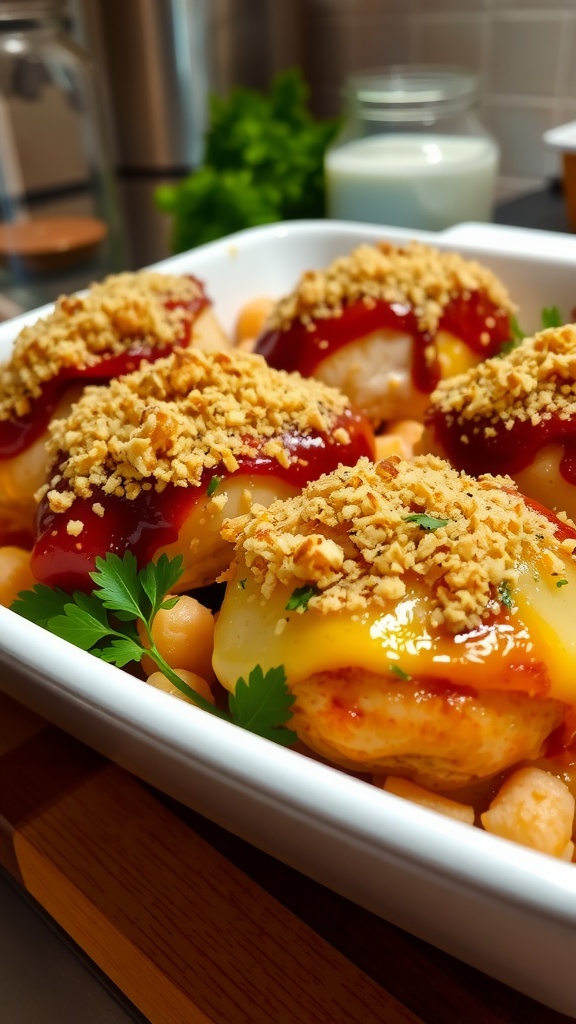 Simple 4-Ingredient Chicken Bake Recipe Baked chicken with barbecue sauce, cheese, and breadcrumbs in a casserole dish, garnished with parsley.